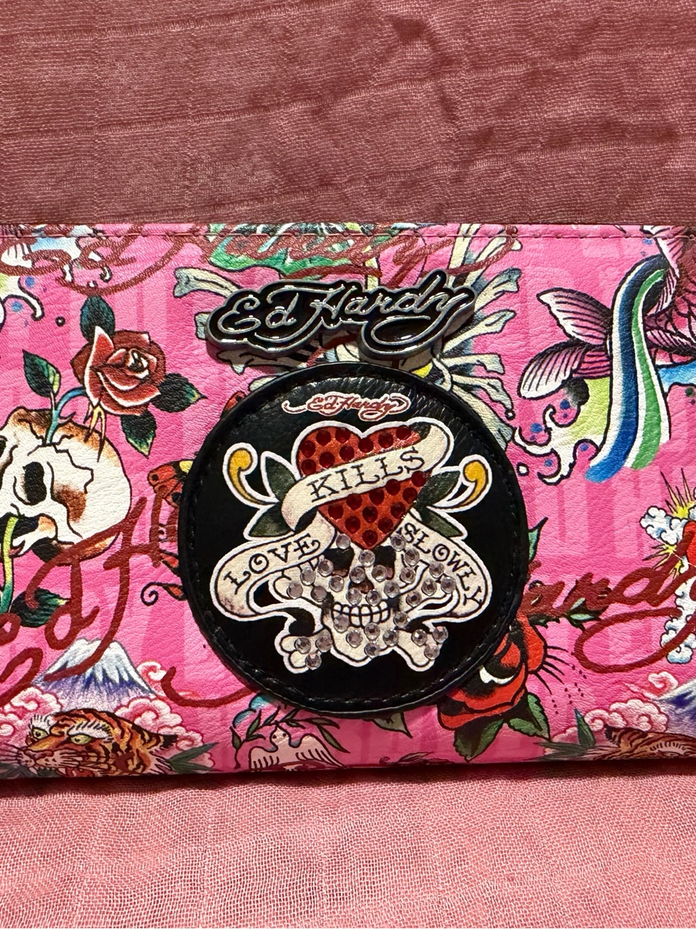 Ed Hardy Pink Tattoo-Graphic Zip Wallet with Skull & Heart Emblem